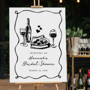 Whimsical Hand getrokken Pizza Wijn Vrijgezellenfe Poster