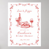 Whimsical Hand getrokken Pizza Wijn Vrijgezellenfe Poster (Voorkant)