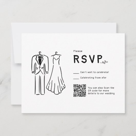 Whimsical Hand getrokken QR Code Zwart Wit Trouwen RSVP Kaartje (Voorkant)