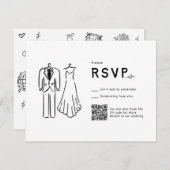 Whimsical Hand getrokken QR Code Zwart Wit Trouwen RSVP Kaartje (Voorkant / Achterkant)