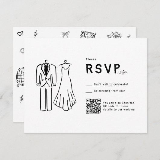 Whimsical Hand getrokken QR Code Zwart Wit Trouwen RSVP Kaartje (Voorkant / Achterkant)