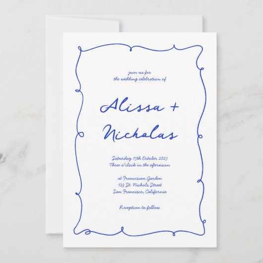 Whimsical Hand Getrokken Rand Blauw Monogram Bruil Kaart (Voorkant)