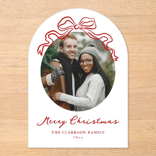 Whimsical Hand getrokken Red Bow Holiday Kerstmis Acryl Uitnodigingen (Voorkant)