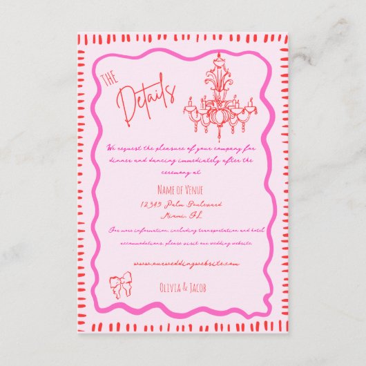 Whimsical Hand getrokken rode boog golvende bruilo Informatiekaartje (Voorkant)