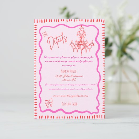 Whimsical Hand getrokken rode boog golvende bruilo Informatiekaartje (Staand voorkant)