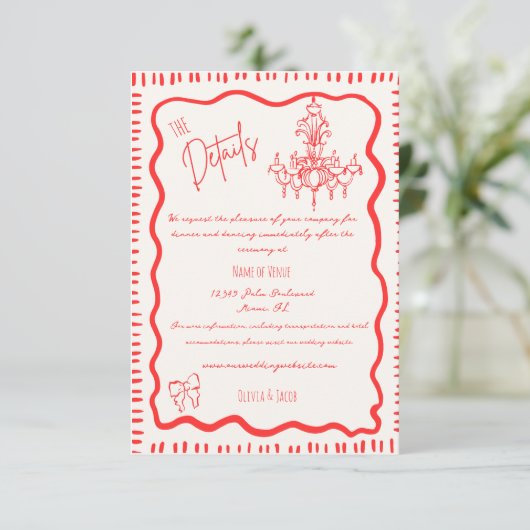 Whimsical Hand getrokken rode boog golvende bruilo Informatiekaartje (Staand voorkant)