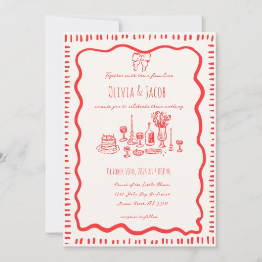 Whimsical Hand getrokken rode boog golvende bruilo Kaart (Voorkant)