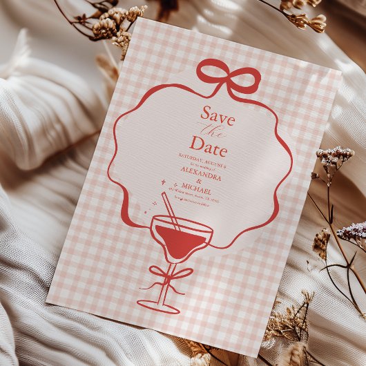 Whimsical Hand getrokken rode boog golvende bruilo Save The Date