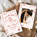 Whimsical Hand getrokken rode bruiloft foto Save The Date<br><div class="desc">Zet de toon voor uw bruiloft met deze grillige handgetekende save the date fotokaart! Met delicate, artistieke details en een gepersonaliseerde foto combineert dit ontwerp creativiteit en charme prachtig. De zachte, elegante typografie verbetert het romantische thema, terwijl de aanpasbare details ervoor zorgen dat het perfect aansluit op uw speciale dag....</div>