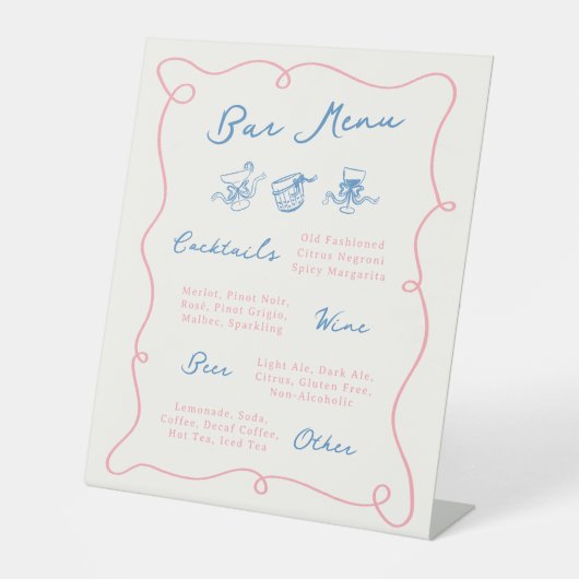 Whimsical Hand getrokken Roze & Blauwe Bar Menu Reclamebord Met Voetstuk (Voorkant)