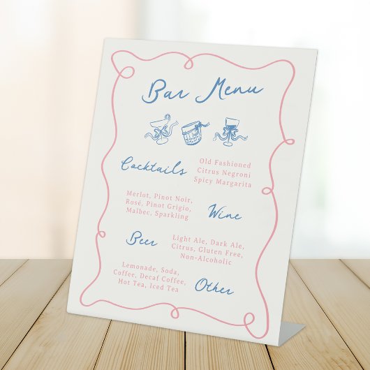 Whimsical Hand getrokken Roze & Blauwe Bar Menu Reclamebord Met Voetstuk