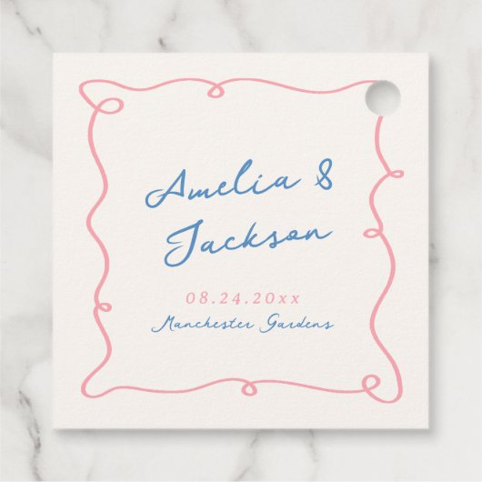 Whimsical Hand Getrokken Roze & Blauwe Bruiloft Bedankjes Labels (Achterkant)