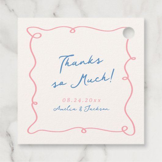 Whimsical Hand Getrokken Roze & Blauwe Bruiloft Da Bedankjes Labels (Achterkant)