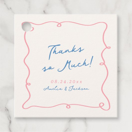 Whimsical Hand Getrokken Roze & Blauwe Bruiloft Da Bedankjes Labels (Voorkant)