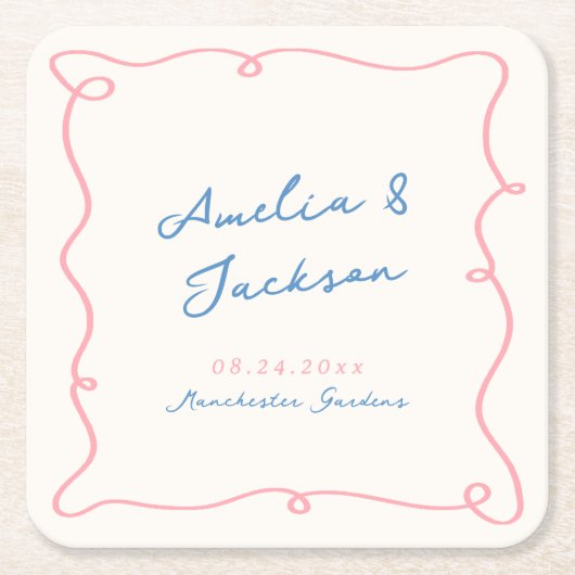 Whimsical Hand Getrokken Roze & Blauwe Bruiloft Kartonnen Onderzetters (Voorkant)