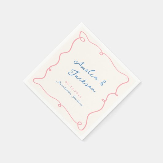 Whimsical Hand Getrokken Roze & Blauwe Bruiloft Servet (Hoek)