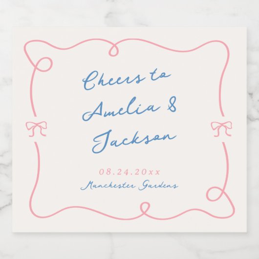 Whimsical Hand Getrokken Roze & Blauwe Bruiloft Sparkling Wijnetiket (Enkel label)
