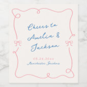 Whimsical Hand Getrokken Roze & Blauwe Bruiloft Wijn Etiket (Enkel label)