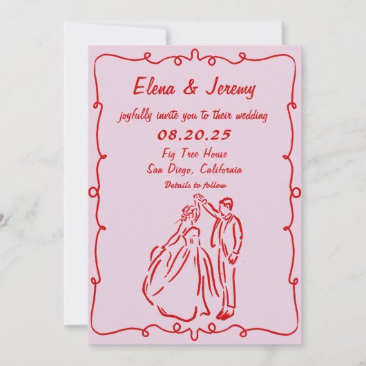 Whimsical Hand getrokken Roze bruiloft uitnodiging (Voorkant)