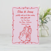 Whimsical Hand getrokken Roze bruiloft uitnodiging (Staand voorkant)