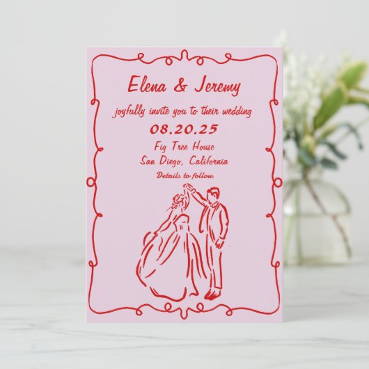 Whimsical Hand getrokken Roze bruiloft uitnodiging (Staand voorkant)