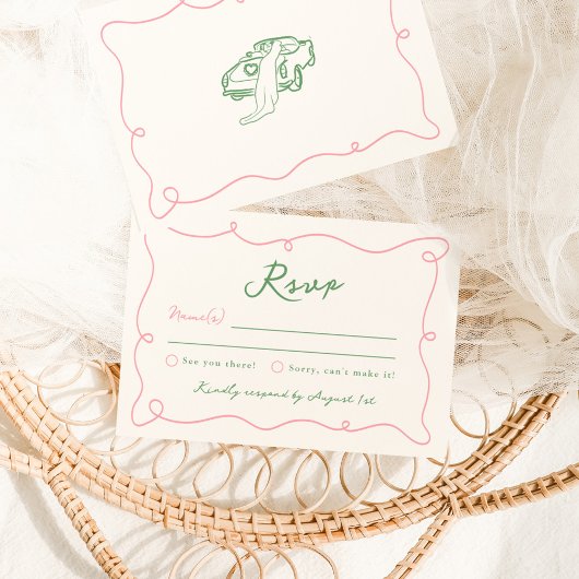 Whimsical Hand Getrokken Roze & Groen Trouwen RSVP Kaart
