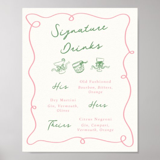 Whimsical Hand Getrokken Roze & Groene Handtekenin Poster (Voorkant)