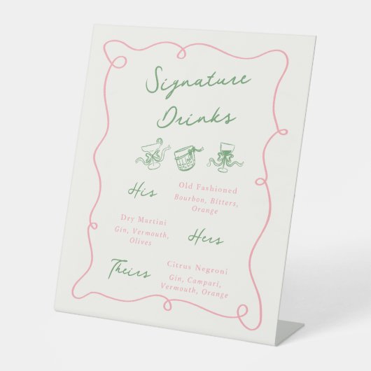 Whimsical Hand Getrokken Roze & Groene Handtekenin Reclamebord Met Voetstuk (Voorkant)