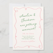 Whimsical Hand Getrokken Roze & Groene Huwelijk Kaart (Voorkant)