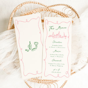 Whimsical Hand Getrokken Roze & Groene Huwelijk Menu