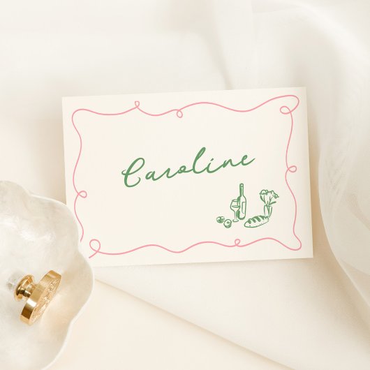 Whimsical Hand getrokken roze & groene Place Card Kaart
