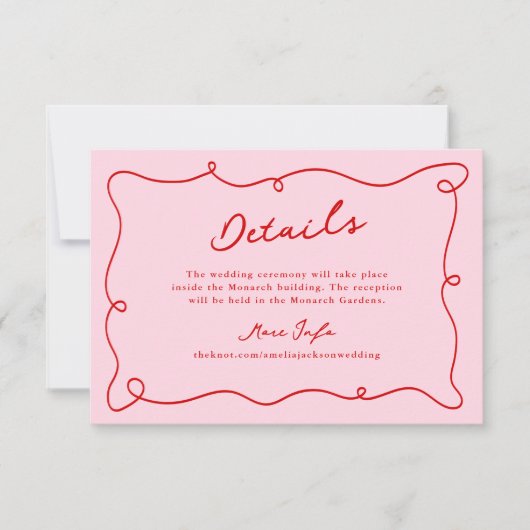 Whimsical Hand Getrokken Roze & Rode bruiloft Deta Kaart (Voorkant)
