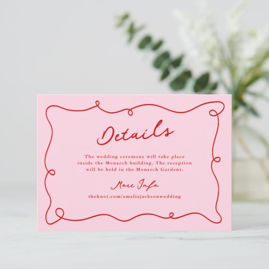 Whimsical Hand Getrokken Roze & Rode bruiloft Deta Kaart (Staand voorkant)