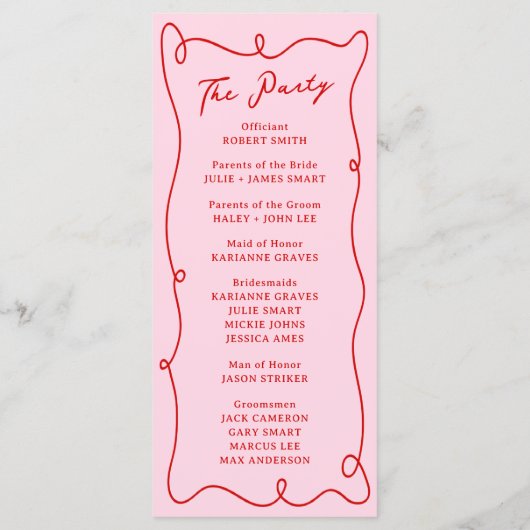 Whimsical Hand getrokken roze & rode bruiloft prog Menu (Achterkant)