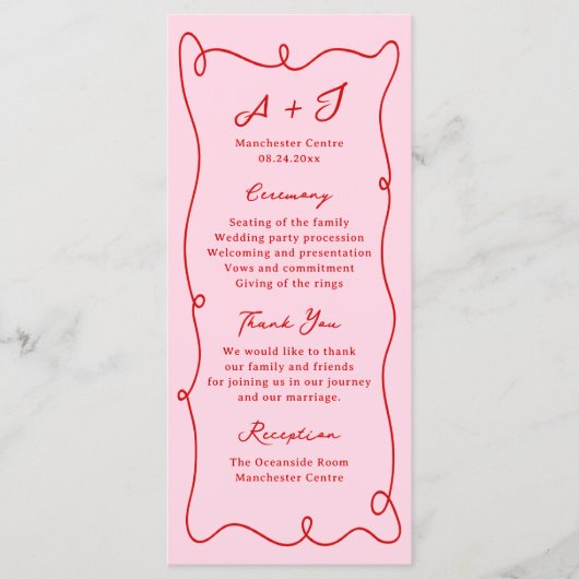 Whimsical Hand getrokken roze & rode bruiloft prog Menu (Voorkant)