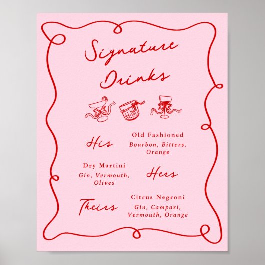 Whimsical Hand Getrokken Roze & Rode Handtekening  Poster (Voorkant)