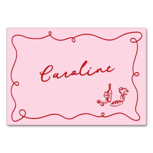 Whimsical Hand getrokken roze & rode Place Card Kaart (Voorkant)