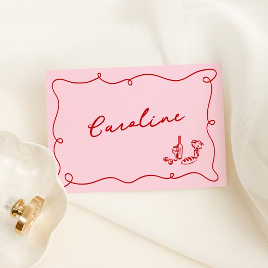 Whimsical Hand getrokken roze & rode Place Card Kaart