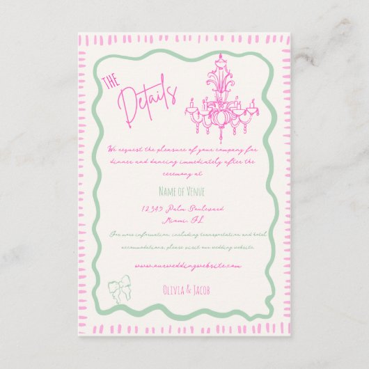 Whimsical Hand getrokken roze strik golvende bruil Informatiekaartje (Voorkant)