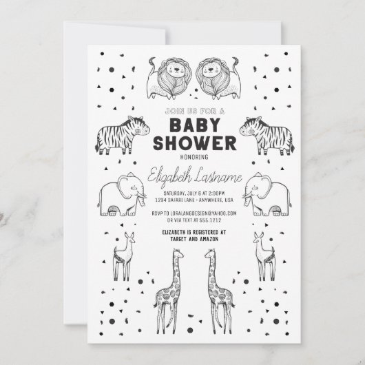 Whimsical Hand getrokken Safari Dieren Baby shower Kaart (Voorkant)
