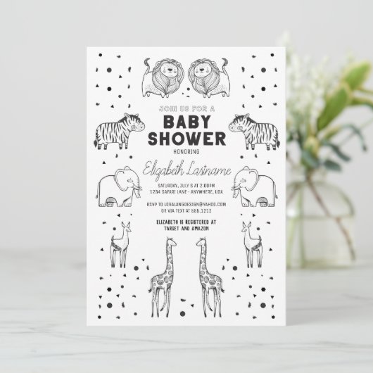 Whimsical Hand getrokken Safari Dieren Baby shower Kaart (Staand voorkant)