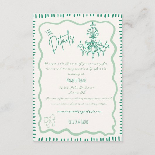 Whimsical Hand getrokken Sage Bow golvende bruilof Informatiekaartje (Voorkant)