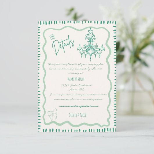 Whimsical Hand getrokken Sage Bow golvende bruilof Informatiekaartje (Staand voorkant)