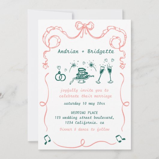 Whimsical Hand getrokken Scribble Bow bruiloft Kaart (Voorkant)