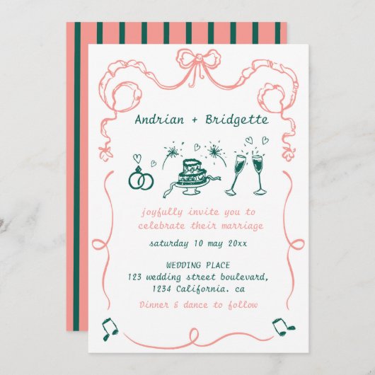 Whimsical Hand getrokken Scribble Bow bruiloft Kaart (Voorkant / Achterkant)