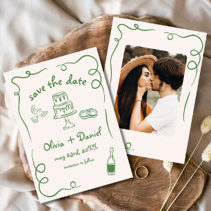 Whimsical Hand Getrokken Trouwfoto Groen Save The Date