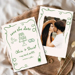 Whimsical Hand Getrokken Trouwfoto Groen Save The Date<br><div class="desc">Zet de toon voor uw bruiloft met deze grillige handgetekende save the date fotokaart! Met delicate, artistieke details en een gepersonaliseerde foto combineert dit ontwerp creativiteit en charme prachtig. De zachte, elegante typografie verbetert het romantische thema, terwijl de aanpasbare details ervoor zorgen dat het perfect aansluit op uw speciale dag....</div>