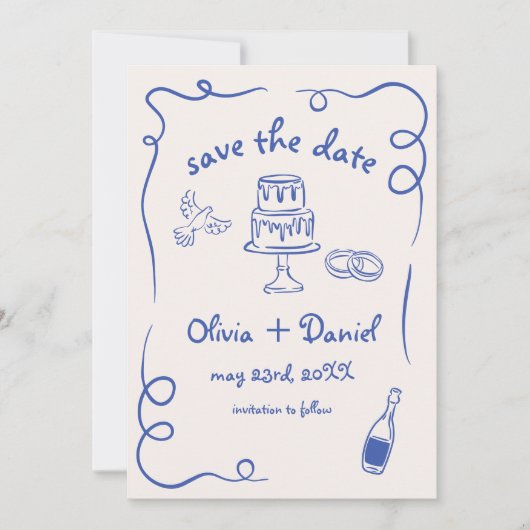 Whimsical Hand Getrokken Trouwfoto Navy Blue Save The Date (Voorkant)