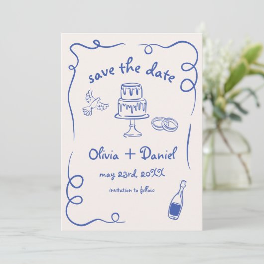 Whimsical Hand Getrokken Trouwfoto Navy Blue Save The Date (Staand voorkant)