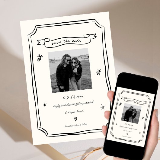 Whimsical Hand getrokken unieke trouwfoto Save The Date